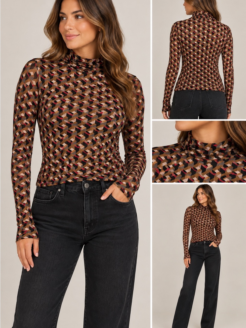 BCBGMaxAzria Brown Multi Geometric Mock Neck Long Sleeve Top
